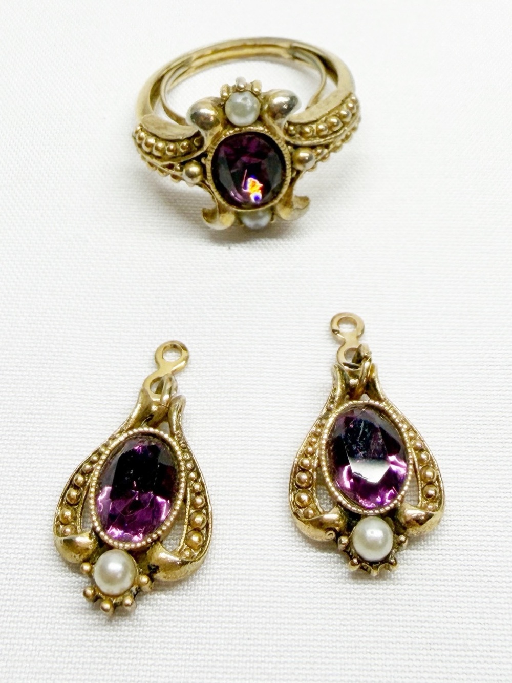 Vintage Avon Purple Gem Pearl Accent Victorian Style Ring and Earring Jackets